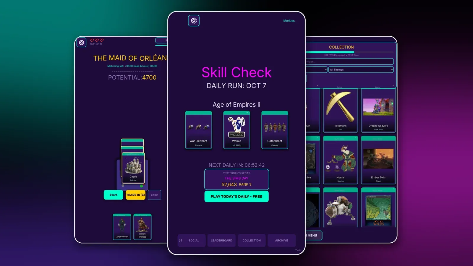 The Skill Check daily trivia game running on mobile.